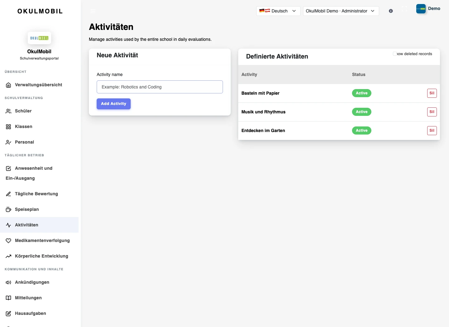 Aktivitäten planen — Web-Panel