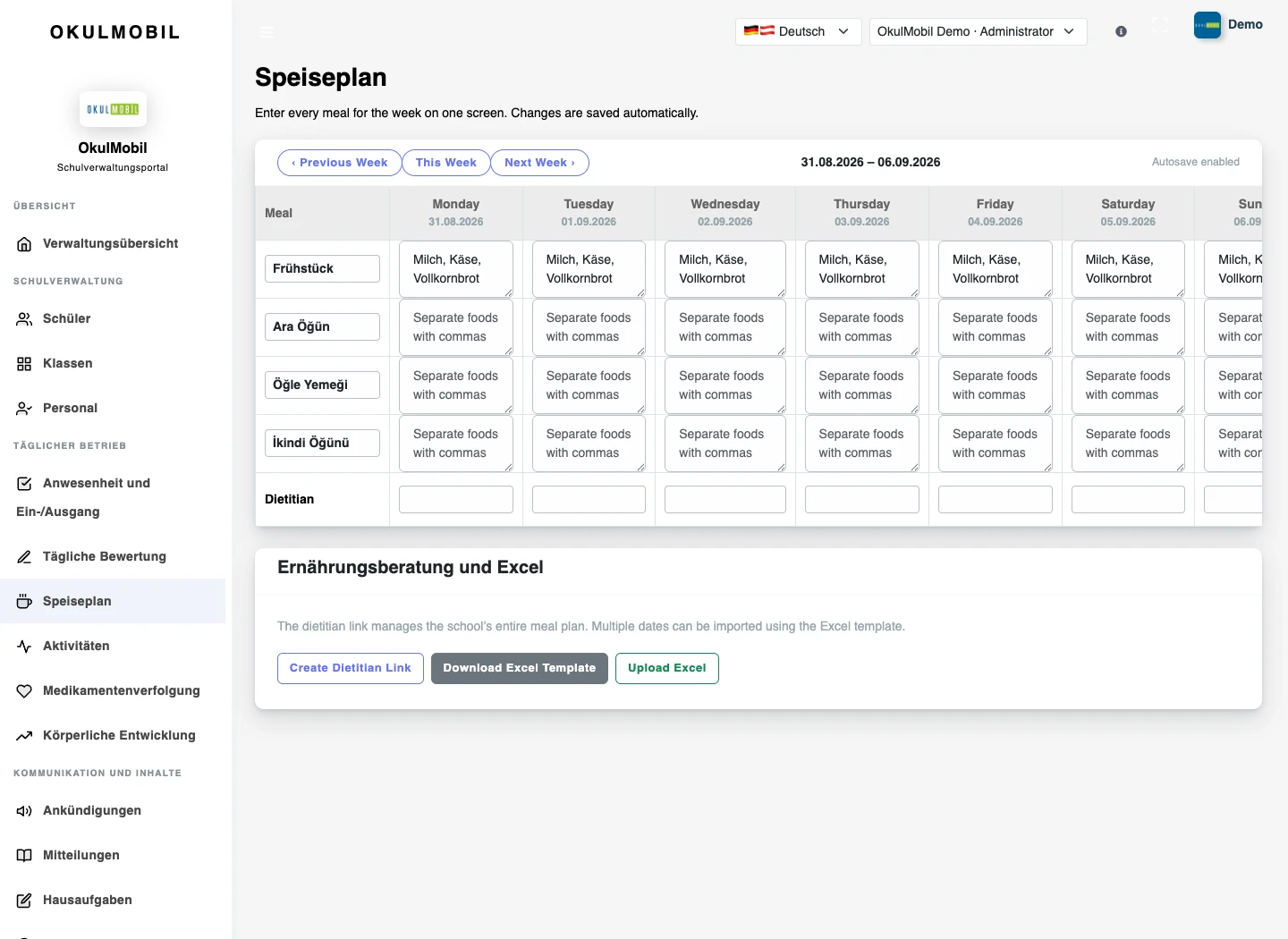 Speisepläne — Web-Panel