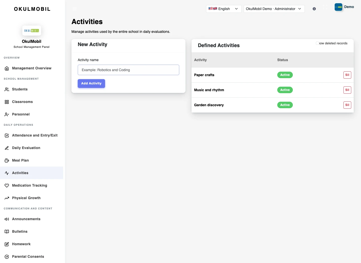 Activity planning — Web panel