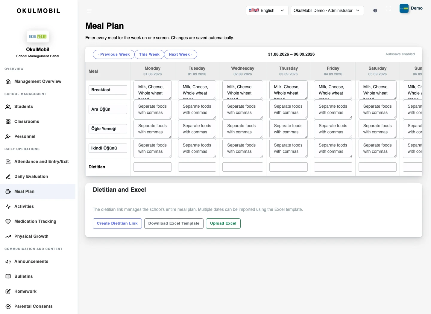 Meal plans — Web panel