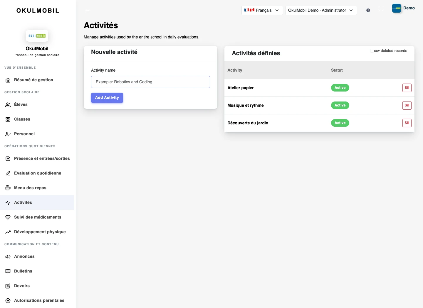 Planification des activités — Portail web