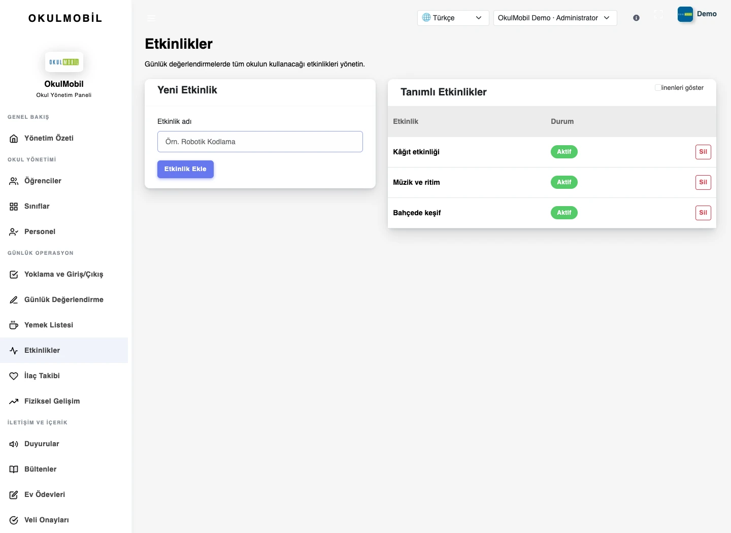 Etkinlik planlama — Web paneli