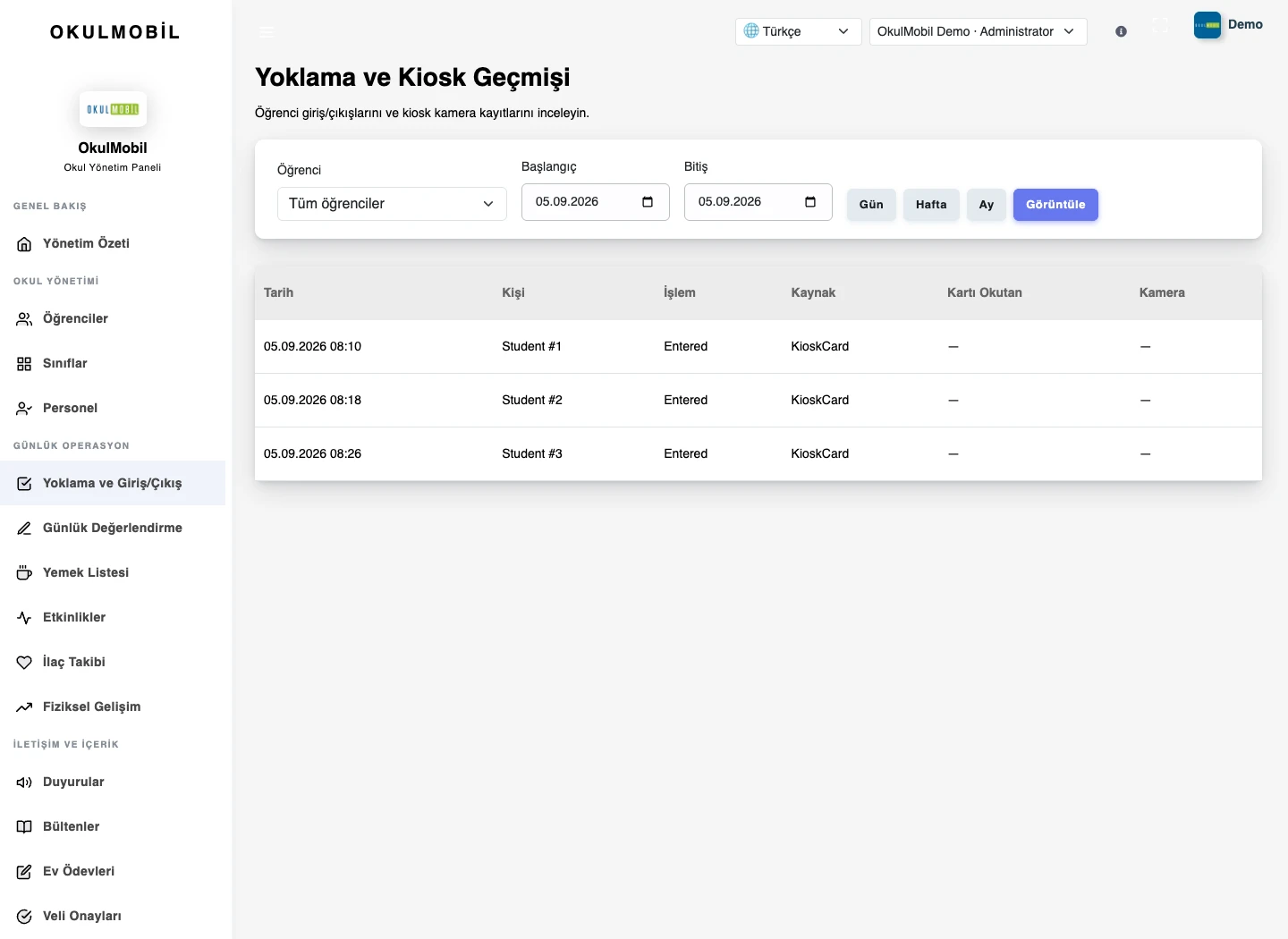 Yoklama ve devamsızlık — Web paneli