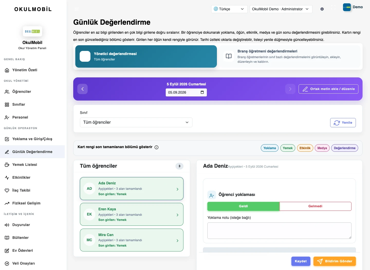 Günlük ve branş değerlendirmeleri — Web paneli