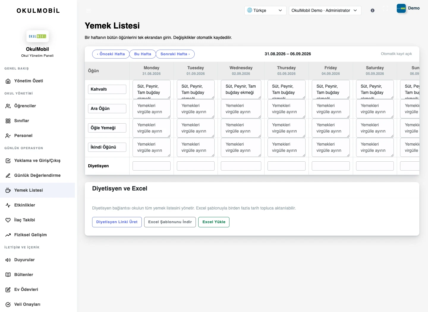 Yemek listeleri — Web paneli