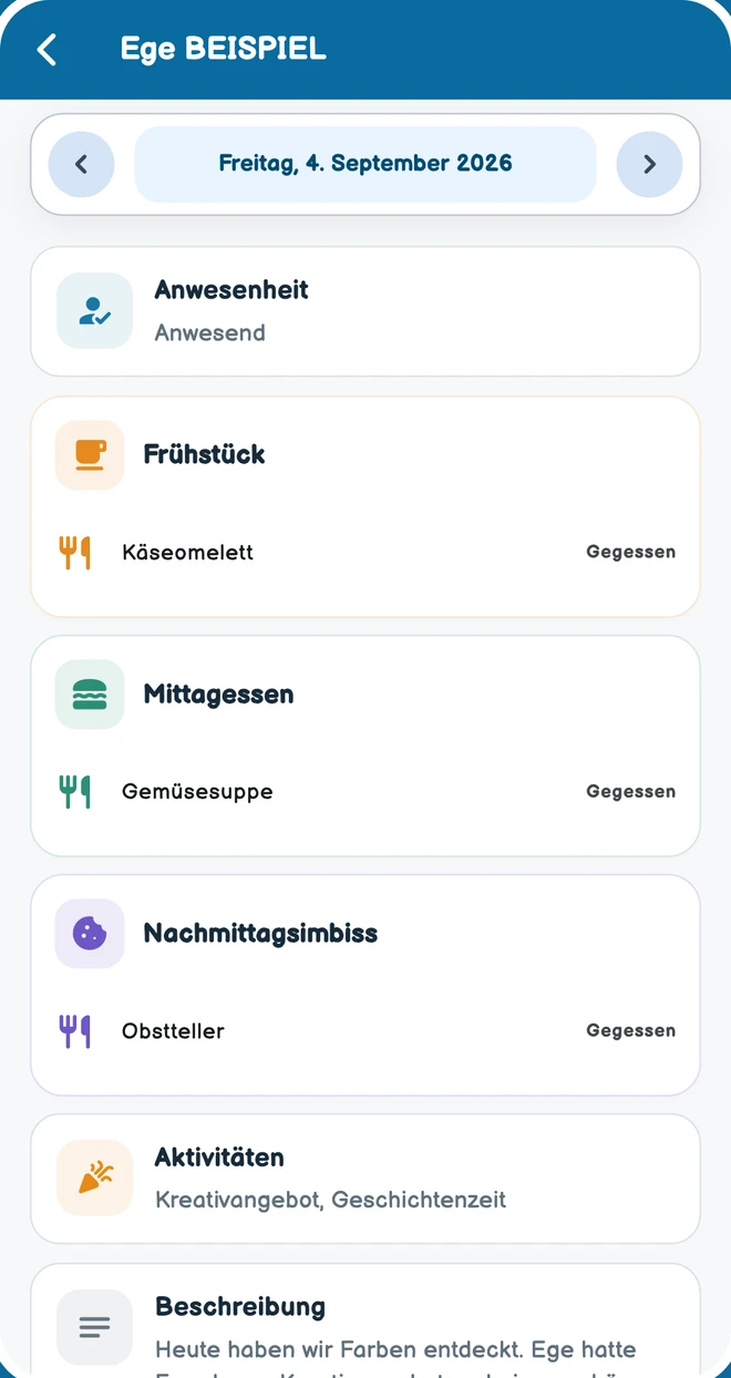 Tagesbericht mit Mahlzeiten, Anwesenheit und pädagogischen Notizen