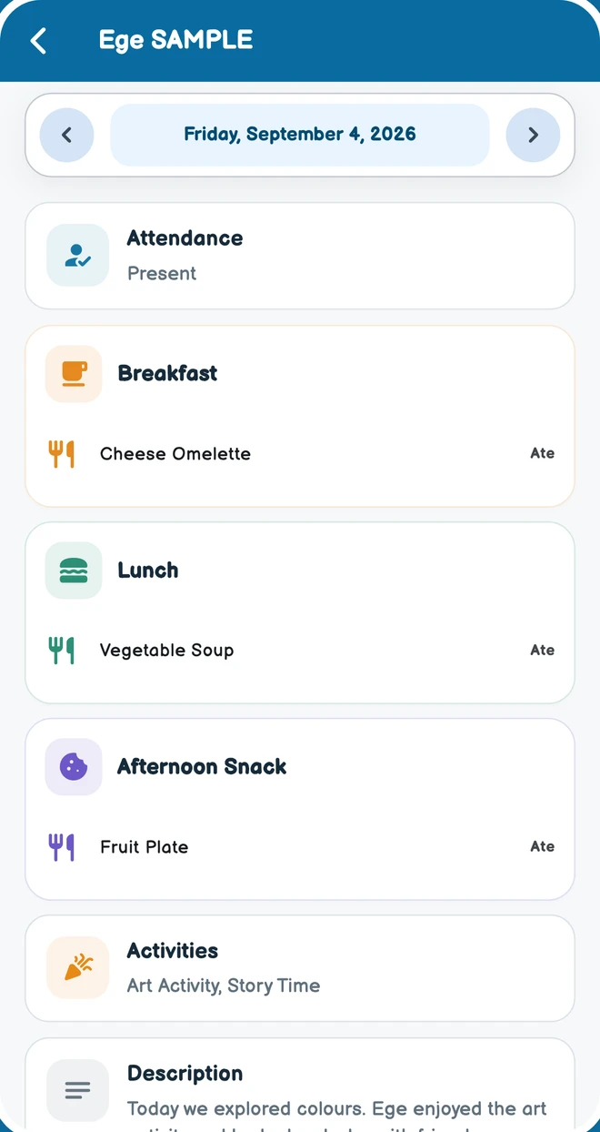 A daily report with meals, attendance and teacher notes