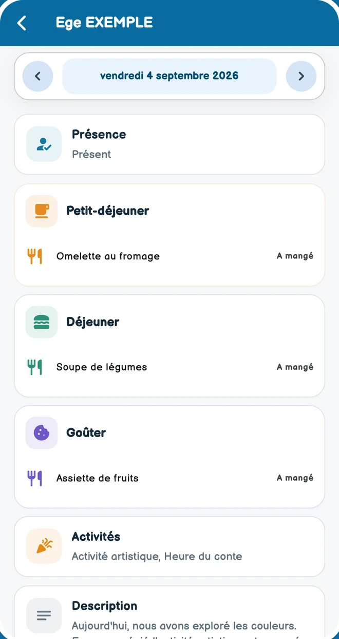 Bilan quotidien avec repas, présence et notes de l’enseignant