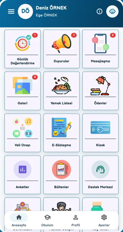 OkulMobil mobil uygulamasının modülleri