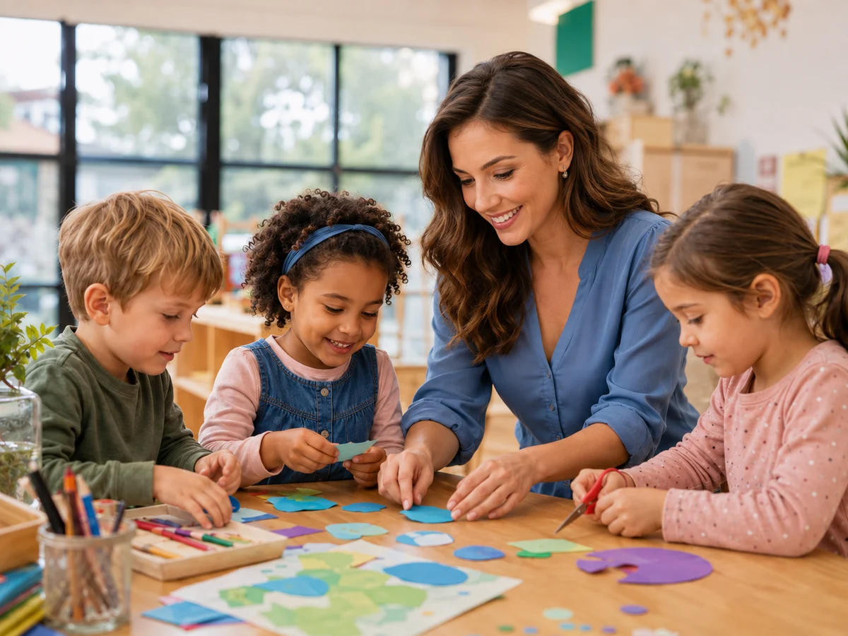 A teacher and three children doing a colorful paper craft activity together in a classroom